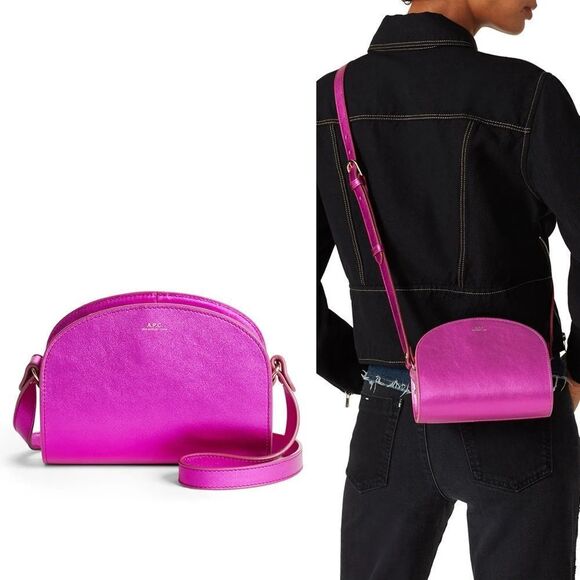 A.P.C Demi Lune Mini Bag Fuchsia Crossbody Purse Metallic Pink Leather - Picture 1 of 14